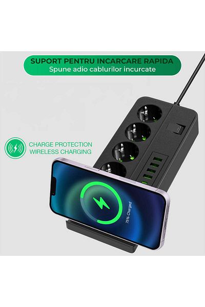 Timebox standard socket with switch 3000W, 4 x USB, 2 x Type-C, 4 sockets, Wireless phone station, 2m, Blac