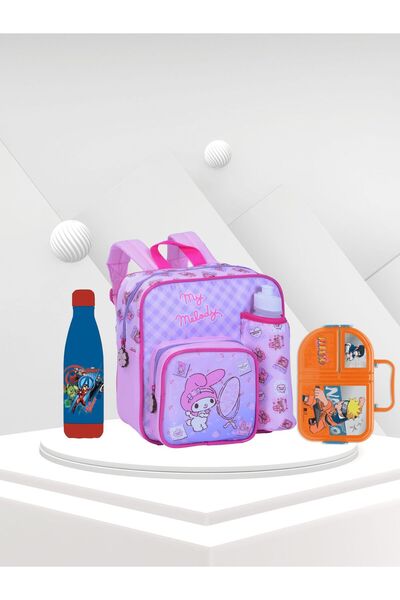 TSUMAB My Melody Backpack Set – 3 PCS (Backpack + Avengers Bottle + Naruto Lunch Box)