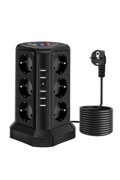 Timebox tower extension cord, 12 outlets, 5 x USB, ON/OFF button, Surge Protection, 2500W, 1.8m, Black