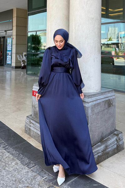 Tesettür Diyarı Kadın Saten Kumaş Fırfır Detaylı Tesettür Abiye