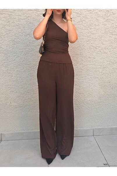 BELISTIL بدلة بنطلون بني بكتف واحد وخصر عالي