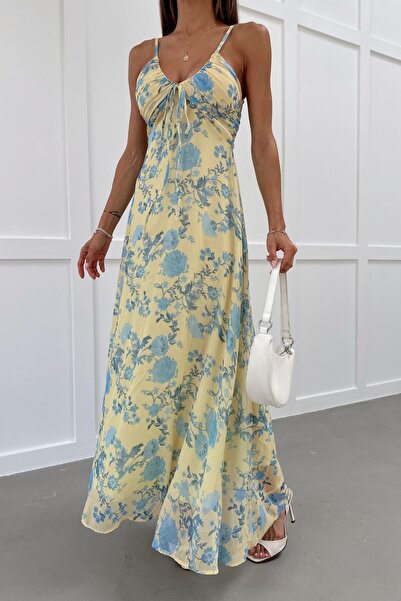 mylove Patterned Chest Drawstring Chiffon Dress Yellow