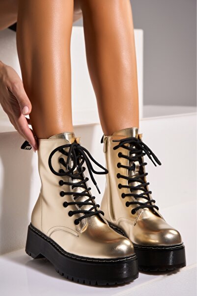 Joana Γυναικείες μπότες με επένδυση από γούνα σε χρυσό χρώμα, κατασκευασμένες από οικολογικό δέρμα Zakayla