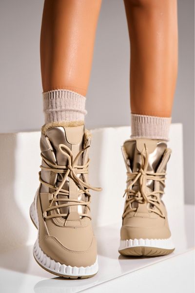 Joana Women's Khaki Fur-lined Boots Made of Melanye Eco-Leather