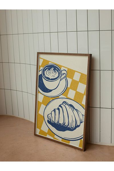 studio duha Coffee and Croissant Illustration Poster – Retro Style Frameless Poster – Kitchen & Cafe Decor