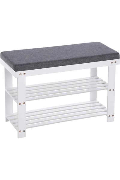 SONGMICS Banca pentru pantofi din bambus, 2 niveluri, cu perna, sarcina 150 kg, 71x29x49 cm, alb