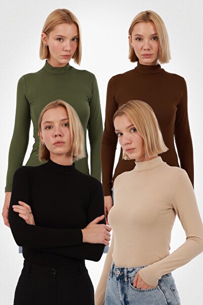 Yade Fashion Kadın Uzun Kollu Balıkçı Yaka Body 4’lü Set – Siyah Ekru Haki Ka...