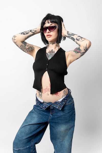 Bak Moda Button Detailed Zero Sleeve Black Vest
