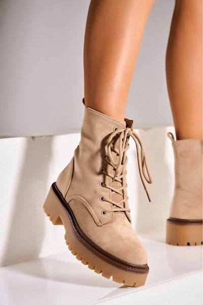Joana Women's Khaki Fur-lined Boots Made of Eco-Suede Leather Tanyla