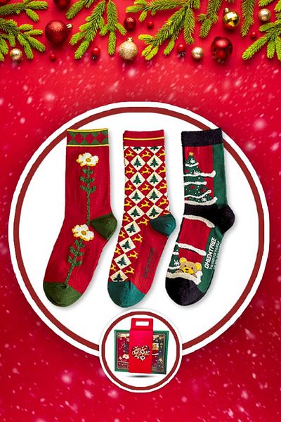Timebox Set of 3 socks with Christmas decorations, tree, snow, Santa Claus, 95% cotton, size 36-41, Unisex