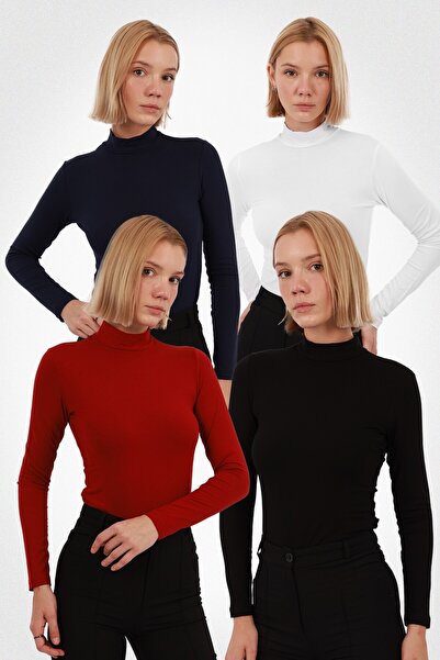 Yade Fashion Kadın Uzun Kollu Balıkçı Yaka Body 4’lü Set – Siyah Beyaz Lacive...