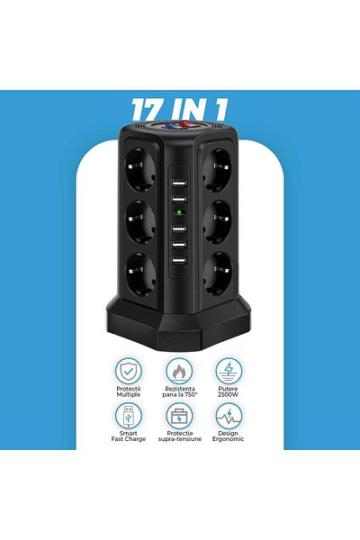 Timebox tower extension cord, 12 outlets, 5 x USB, ON/OFF button, Surge Protection, 2500W, 1.8m, Black