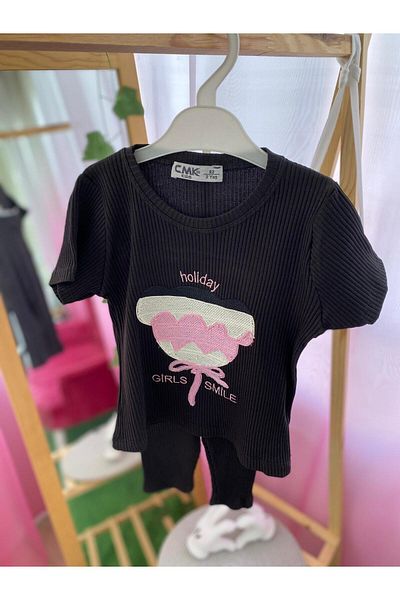 Cmk Kids Girl's Black Embroidery Detailed Ribbed Leggings Set