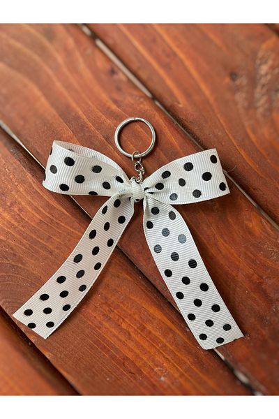 Poshy Atelier Polka Dot Black White Ribbon Bag Charm Keychain Accessory Car Ornament Gift Handmade