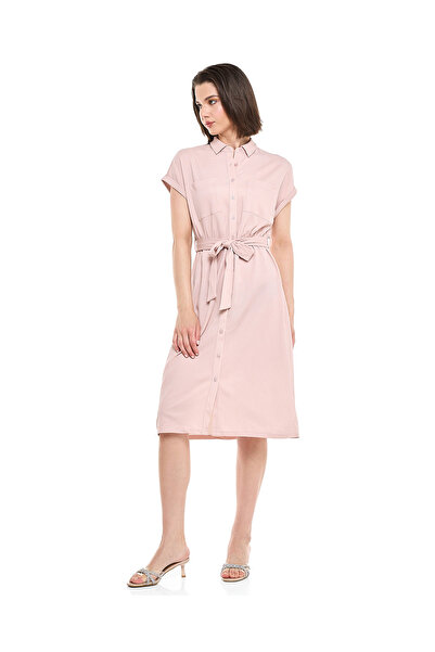 R&B Belted Shirt Dress with Classic Collar and Short Sleeves