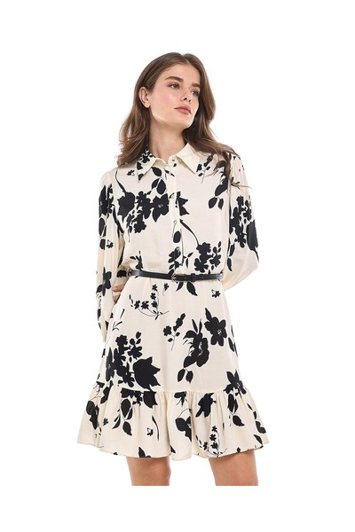 R&B Printed Shirt Dress with Classic Collar and Long Sleeves