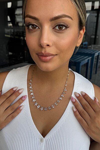 TAKIŞTIR Gümüş Renk Taş Detaylı Kolye