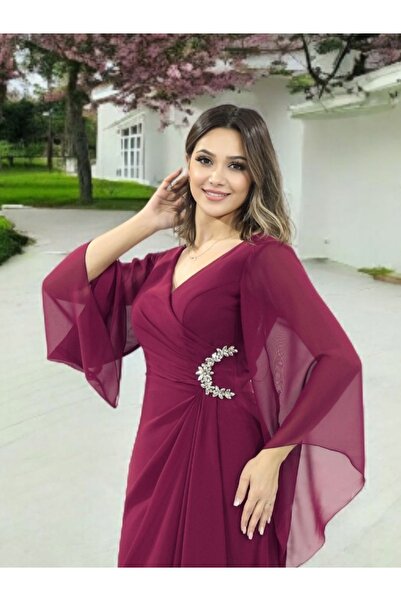 FaBe Fashion Uzun Şal Kollu V Yakalı Beli Taş Aksesuarlı Beyaz Şifon Nikah Nişan Söz ve Dış Çekim Elbisesi