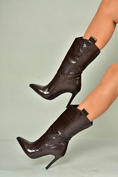 Fox Shoes N372677511 Kahverengi Kroko Baskı İnce Topuklu Kadın Bot