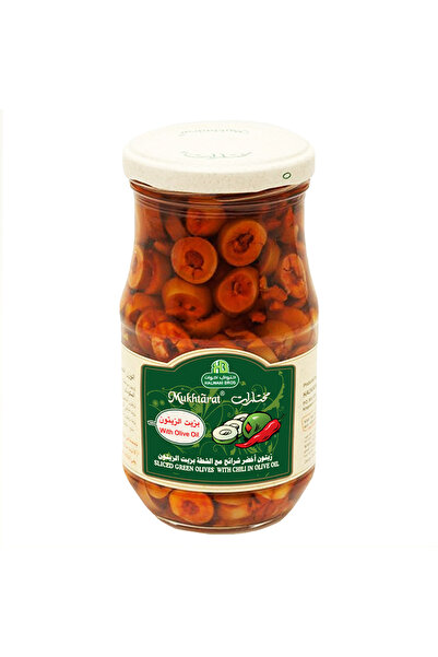 HALWANI برو مختارات زيتون أخضر شرائح مع الفلفل الحار في زيت الزيتون، 325 غرام