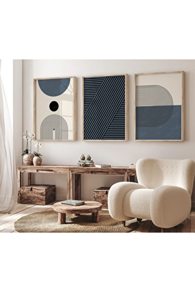 PAM STUDIO Lacivert Gri 3’lü Geometrik Duvar Tablosu – Modern Ahşap Çerçeveli...