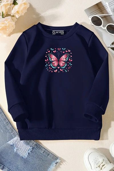 CLAYES Unisex Navy Blue Παιδικό φούτερ με λαιμόκοψη – πεταλούδες, χοντρό ύφασμα με στάμπα