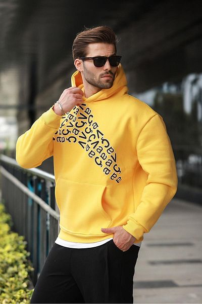 Madmext Yellow Printed Hooded Men's Sweatshirt E7160