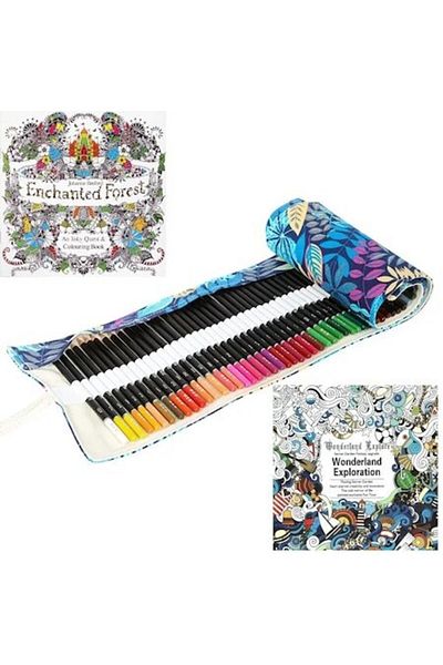 A&M AG Set 72 colored pencils with rolled pencil case for drawing and sketching + 2 coloring books
