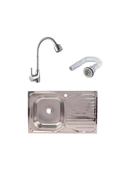 OEM Set chiuvetă, oțel inoxidabil, lavoar stâng, 80x50 cm, baterie flexibilă ...