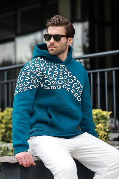 Madmext Petrol Green Printed Hooded Men's Sweatshirt E7160