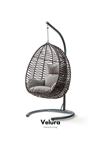 Velura Home & Living Class Bahçe Salıncağı - Kahve Rattan Gri Minder