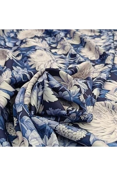 VELLATO AE Aramny Silk Fabric, Blue and White Floral Design, Perfect for Jalabiya Makhweer (5 Yards)