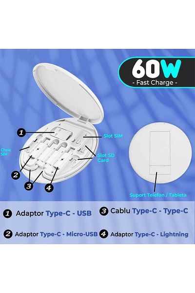 Timebox Cablu de date 5 în 1, multifuncțional, organizator de cabluri, încărcare rapidă 60W, suport pentru telefon cu adaptor