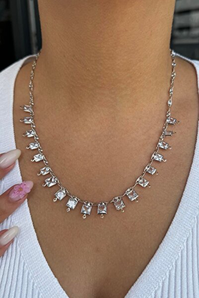 TAKIŞTIR Gümüş Renk Taş Detaylı Kolye