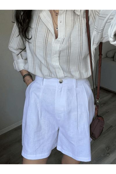 Ecenin Favorileri Light Brown Striped Cotton Linen Women's Shirt