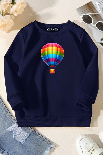 CLAYES Unisex Navy Blue Children's Crew Neck Sweatshirt – Flying Balloon, Printed Thick Fabric