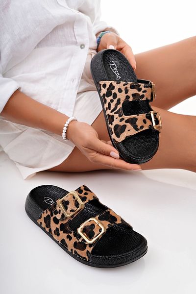 RoseVeno Women's Double Buckle Leopard Pattern Trendy Daily Slippers