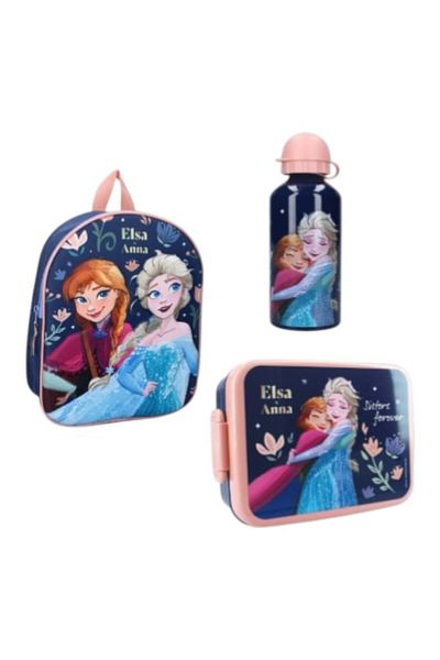 Frozen 3D children's backpack set, 29x22x9 cm, aluminum water bottle 500 ml and sandwich box 16x13x5 cm,