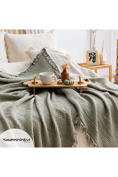 YASEMİNİNEVİ Κάλυμμα κρεβατιού διπλής μουσελίνας 4 στρώσεων, 4 πλευρές με κρόσσια / πικέ