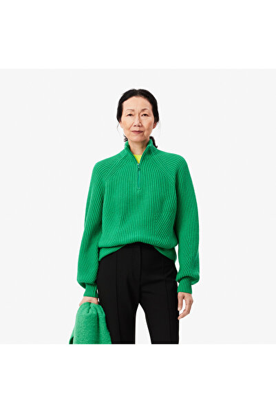 Lacoste Kadın Relaxed Fit Fermuarlı Yün Yeşil Kazak