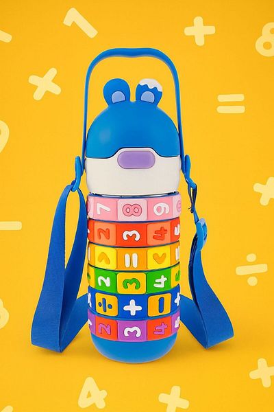 ZUZUNGA Colorful Numbers and Shapes Educational Water Bottle – Steel Water Bottle / Flask for Kids with Carrying Strap