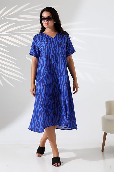 LİKAPA Summer Plus Size Viscose V-Neck Short Sleeve Dress 2688