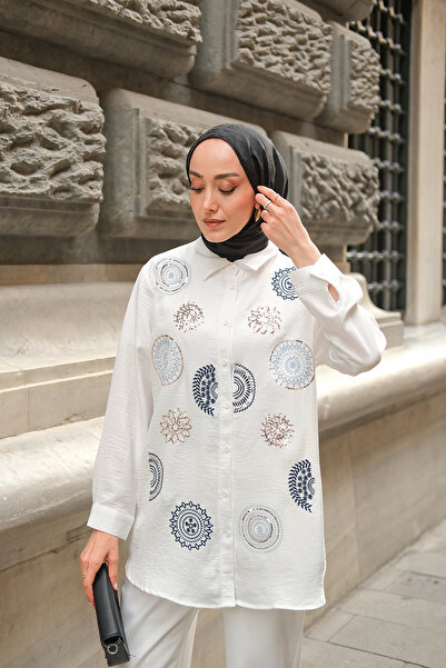 LOCCO Cămașă Broderie cu paiete etnice de damă albă