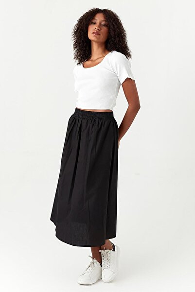 Select Moda Women's Black Elastic Waist Poplin Midi Skirt