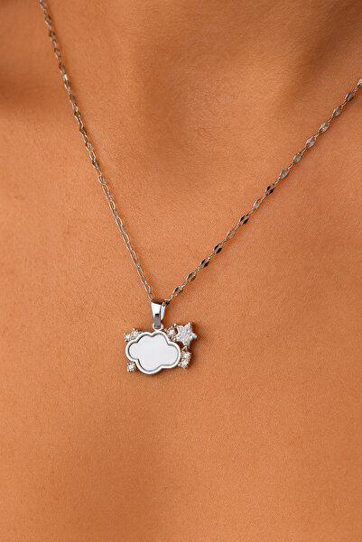 The Collection Silver Stainless Steel Women's Necklace with Cloud and Star Figures Zircon Stone