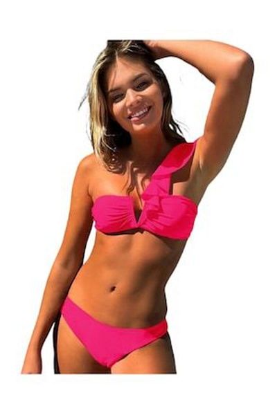 Mixbo - Two-Piece Swimsuit, One Shoulder, Pink, Size M