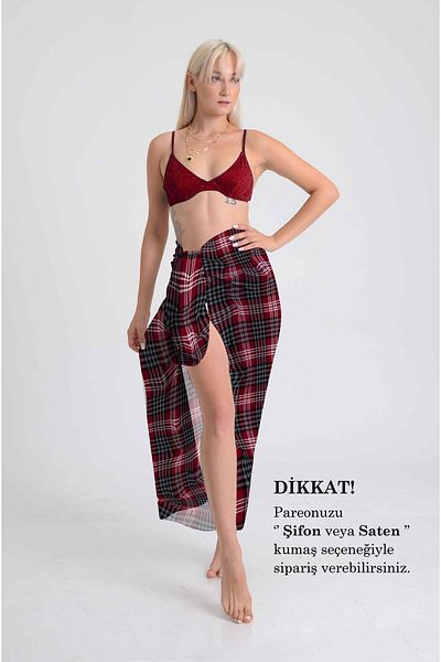 DESENİX Burgundy Scottish Plaid Pareo |   Black & White Striped Pattern |   100X145Cm |   Classic Style