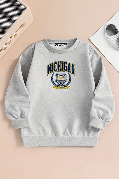 VBSVİBES Children's Gray Crew Neck Sweatshirt – Michigan Printed, Thick Fabric with Embossed