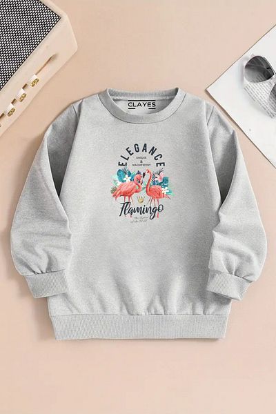 CLAYES Παιδικό γκρι φούτερ με λαιμόκοψη – ELEGANCE FLAMINGO με στάμπα, χοντρό ύφασμα