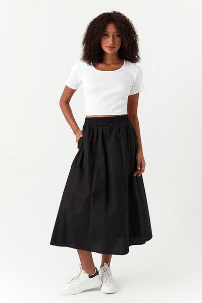 Select Moda Women's Black Elastic Waist Poplin Midi Skirt